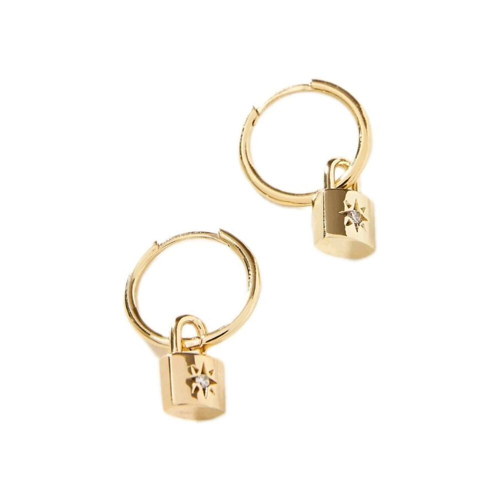 Anthropologie 14k Gold Plated & CZ Star Lock Huggie Hoop Earrings Pierced